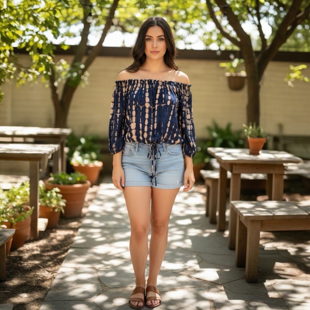 Le Salty Label Smocked Off Shoulder Tie Dye Crop Top S